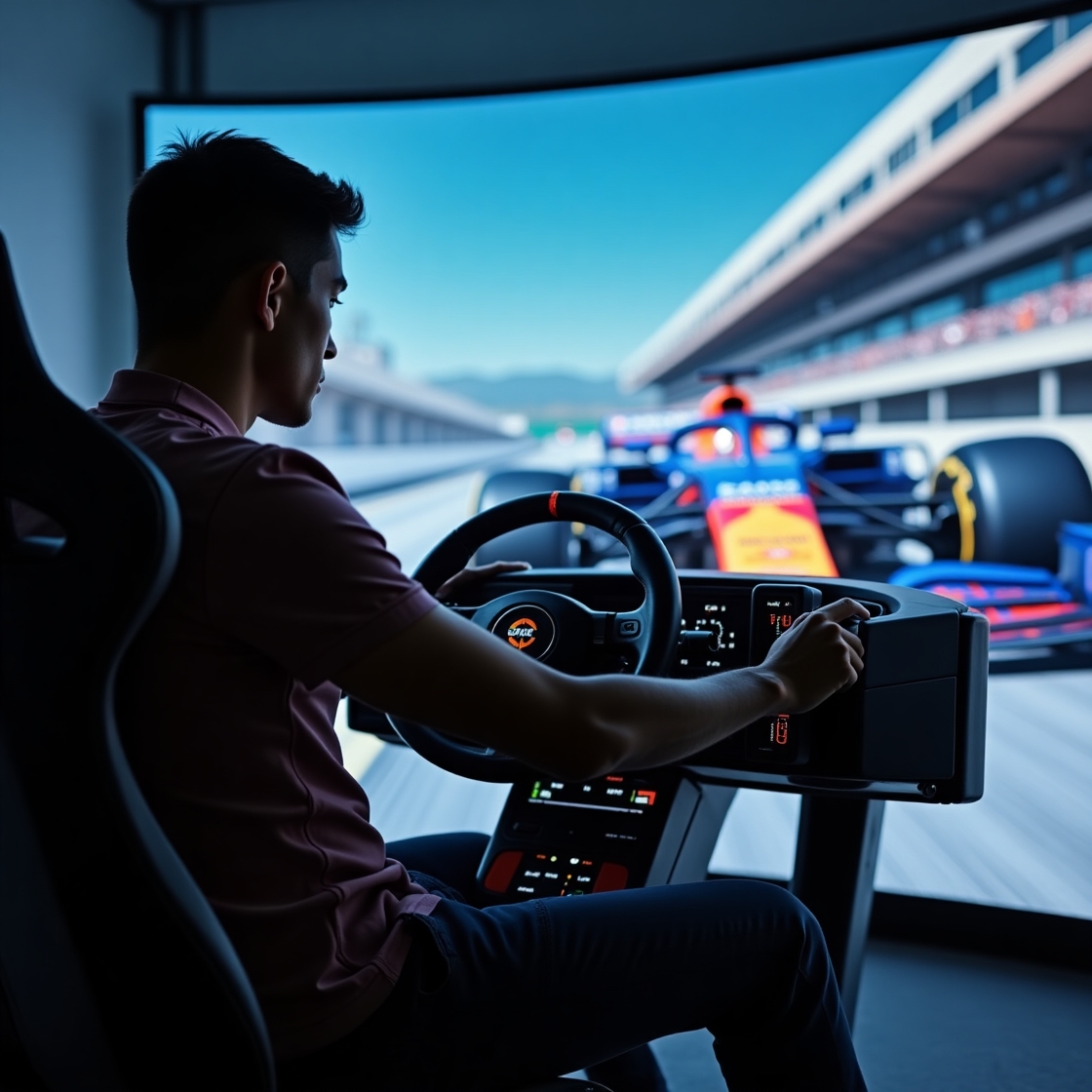 a guy having fun at a sim racing lounge